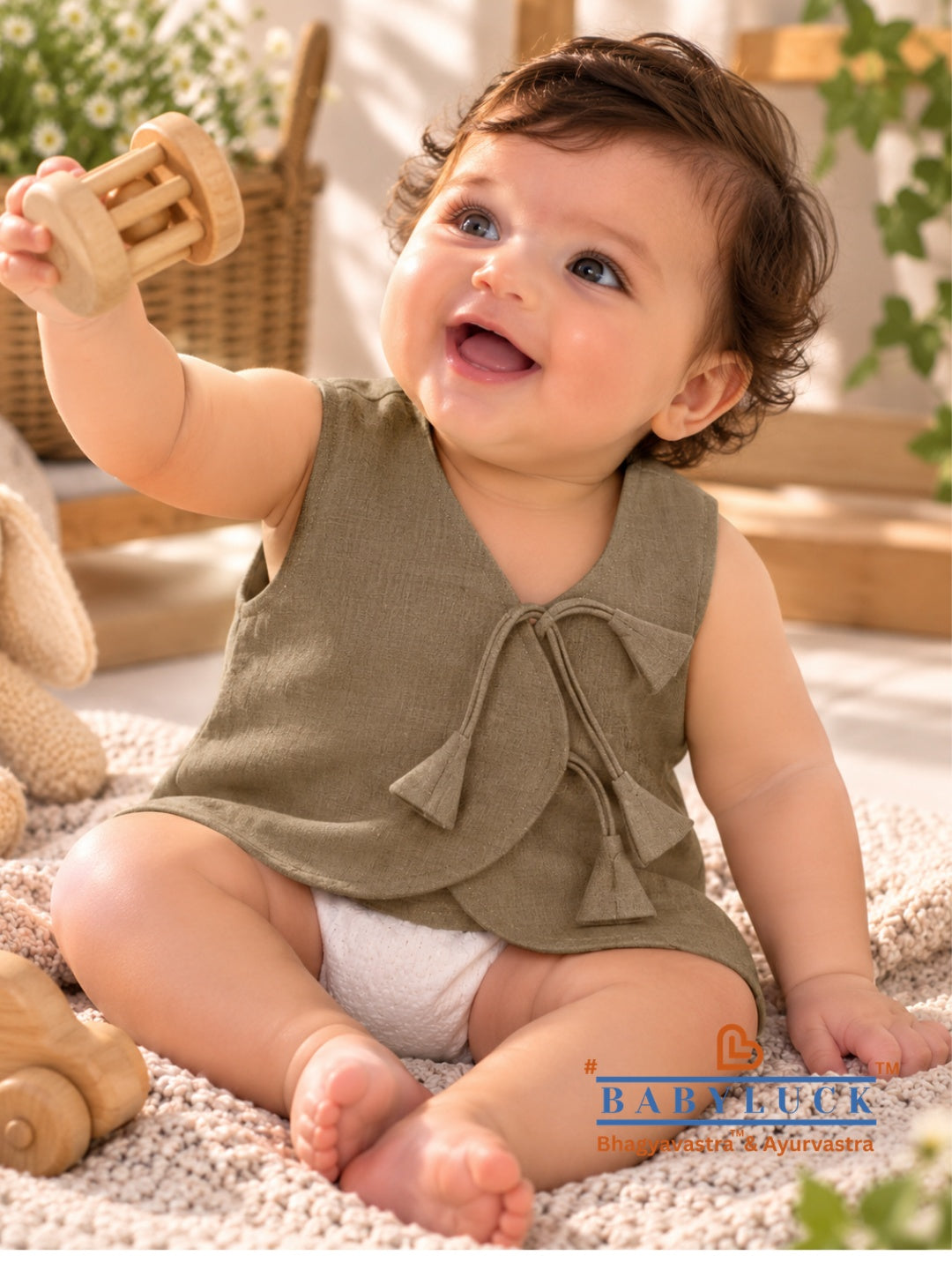 Bhagyavastra™ Chandan (Sandalwood) Dyed, 100% Cotton, Lucky & Herbal Newborn Baby Top (Jhabla) 0–6 Months