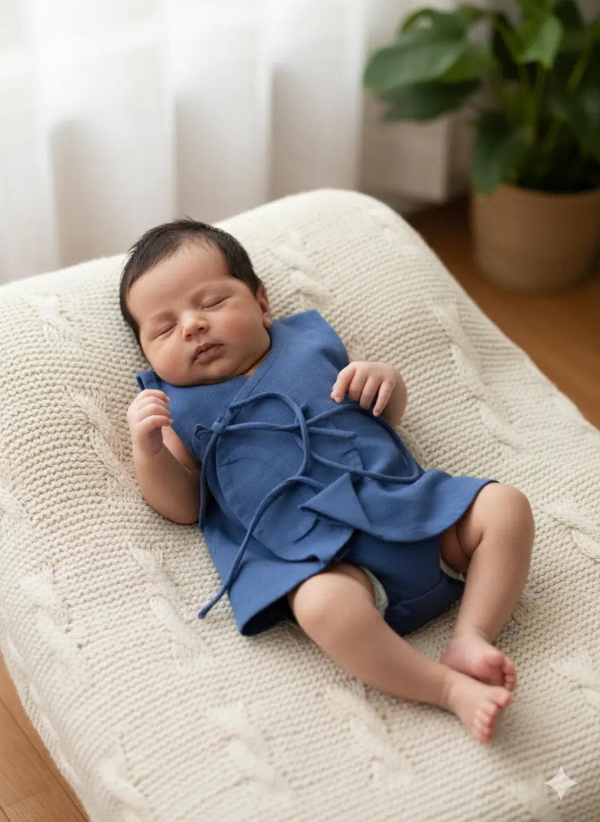 Bhagyavastra™ Indigo Blue, 100% Cotton, Newborn Baby Top (Jhabla) 0–3 Months