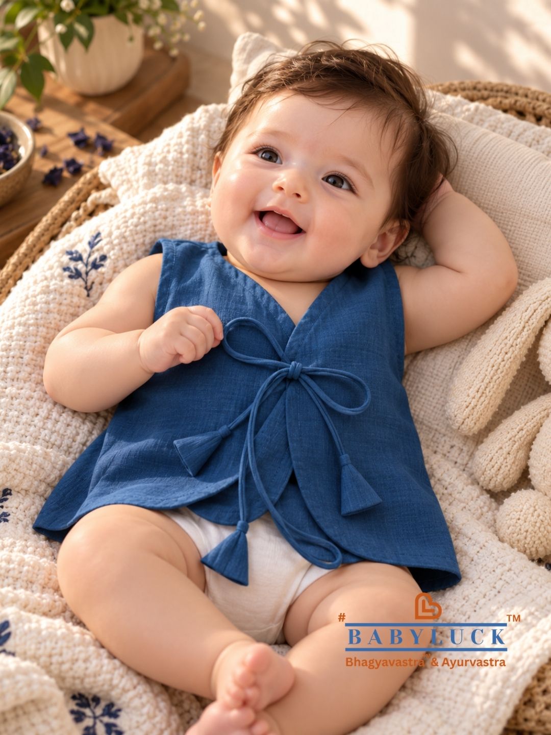 Bhagyavastra™ Indigo Blue, 100% Cotton, Lucky & Herbal Newborn Baby Top (Jhabla) 0–6 Months