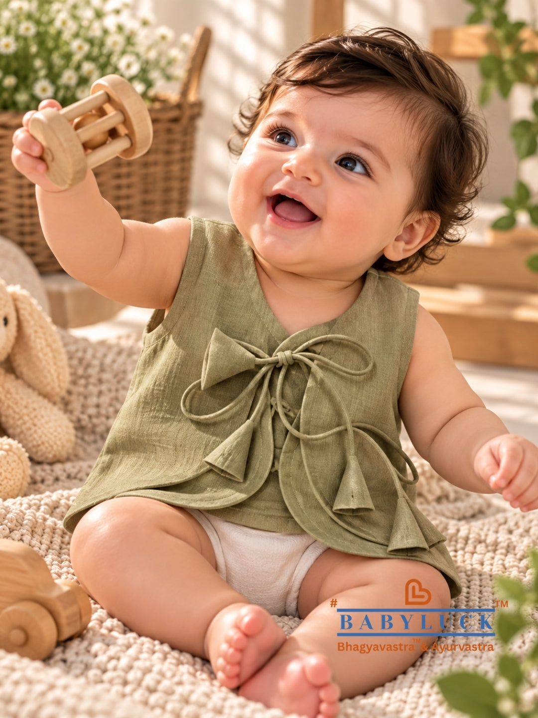Bhagyavastra™ Tulsi (Basil) Dyed, 100% Cotton, Lucky & Herbal Newborn Baby Top (Jhabla) 0–6 Months