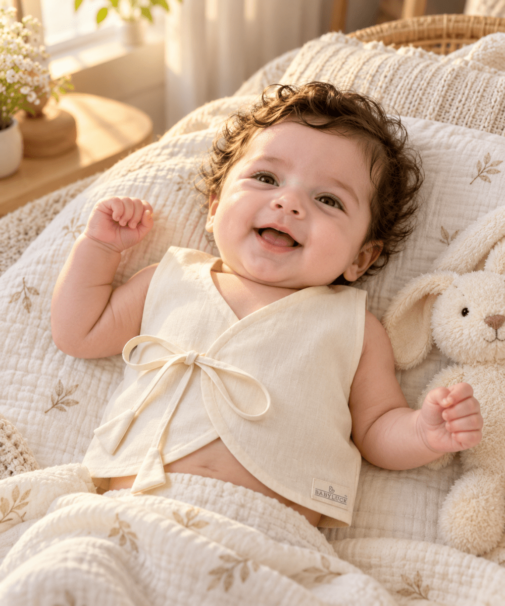 Bhagyavastra™ Aloe Vera Dyed (Off-White & Cream), 100% Cotton, Lucky & Herbal Newborn Baby Top (Jhabla) 0–6 Months - Babyluck World LLP