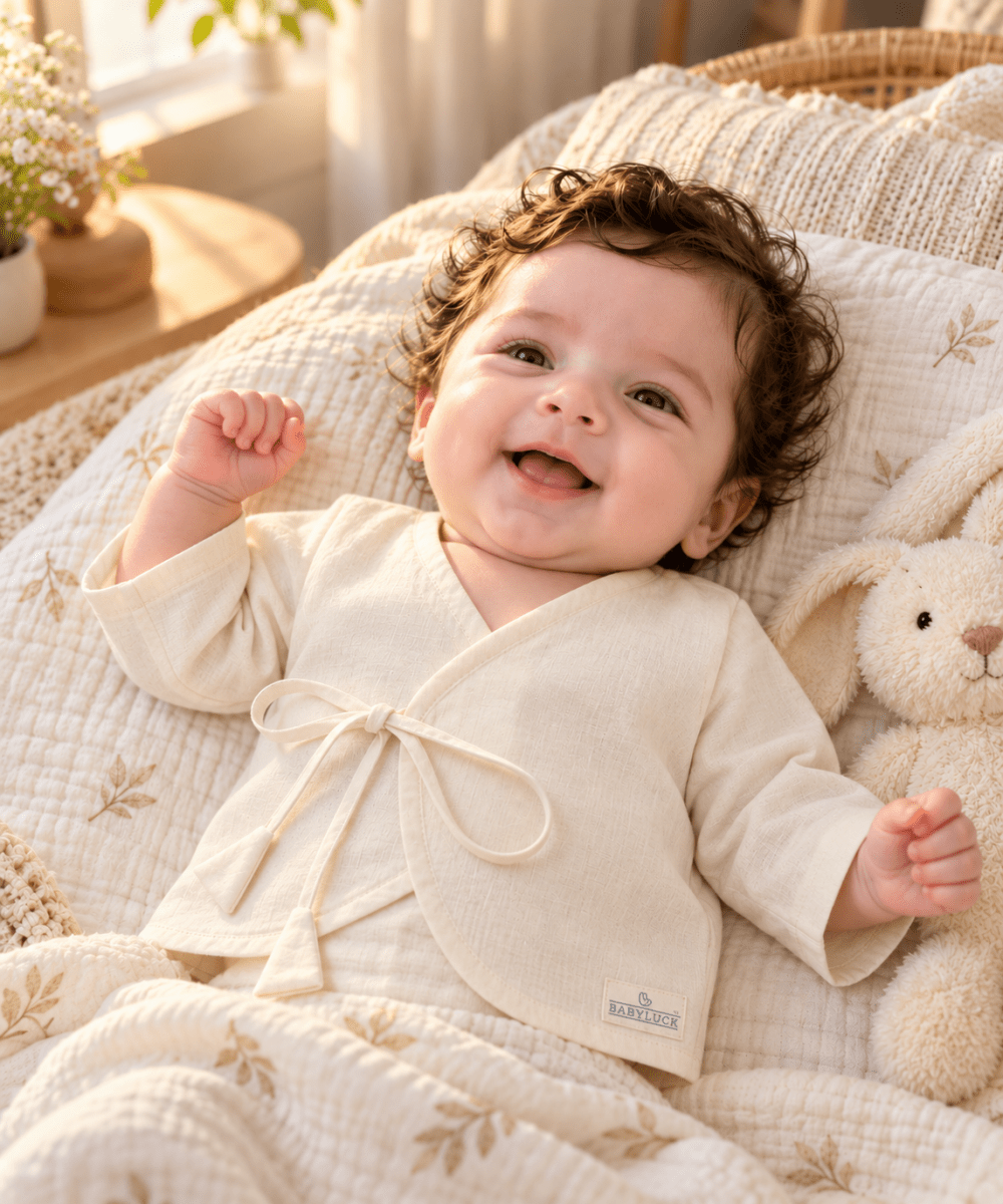 Bhagyavastra™ Aloe Vera Dyed (Off-White & Cream), 100% Cotton, Lucky & Herbal Newborn Baby Top (Jhabla) 0–6 Months Sleeves - Babyluck World LLP
