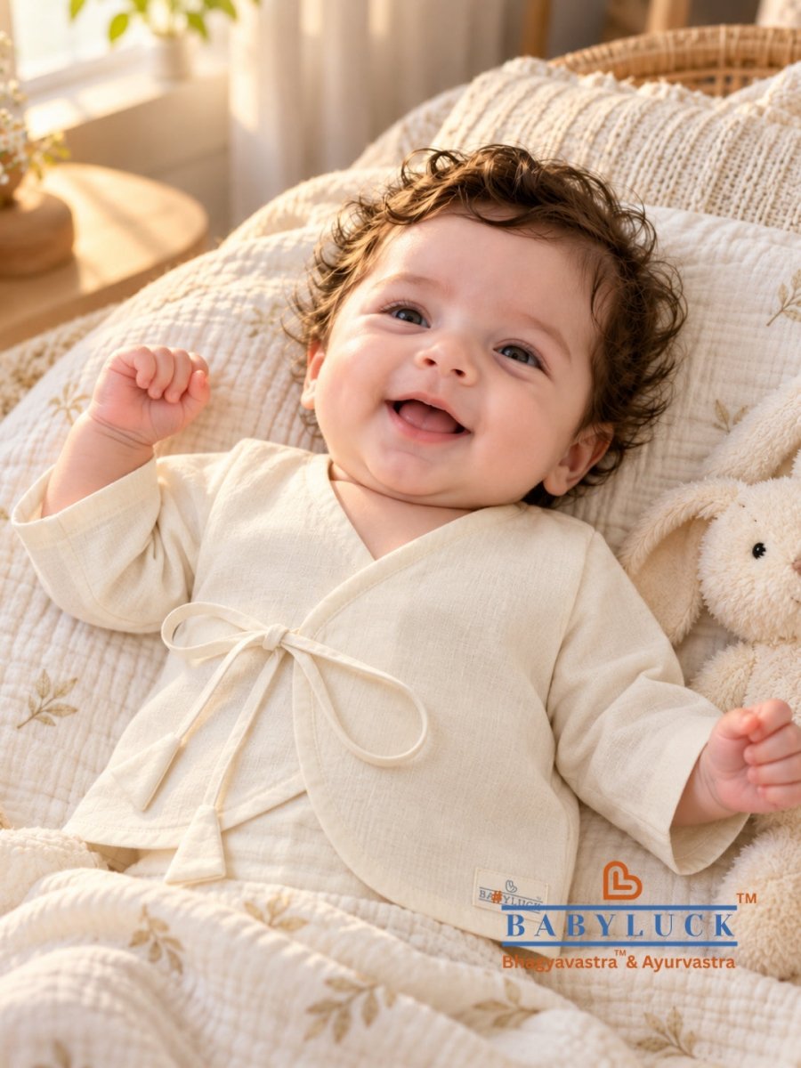 Bhagyavastra™ Aloe Vera Dyed (Off-White & Cream), 100% Cotton, Lucky & Herbal Newborn Baby Top (Jhabla) 0–6 Months Sleeves - Babyluck World - Bhagyavastra & Ayurvastra