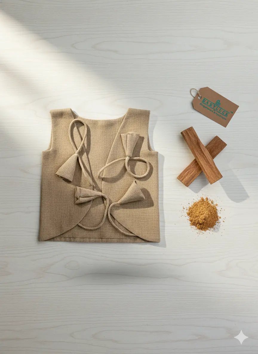 Bhagyavastra™ Chandan (Sandalwood) Dyed, 100% Cotton, Lucky & Herbal Newborn Baby Top (Jhabla) 0–3 Months - Babyluck World LLP