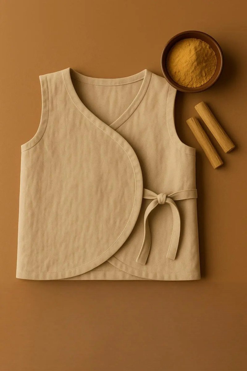 Bhagyavastra™ Chandan (Sandalwood) Dyed, 100% Cotton, Lucky & Herbal Newborn Baby Top (Jhabla) 0–3 Months - Babyluck World LLP