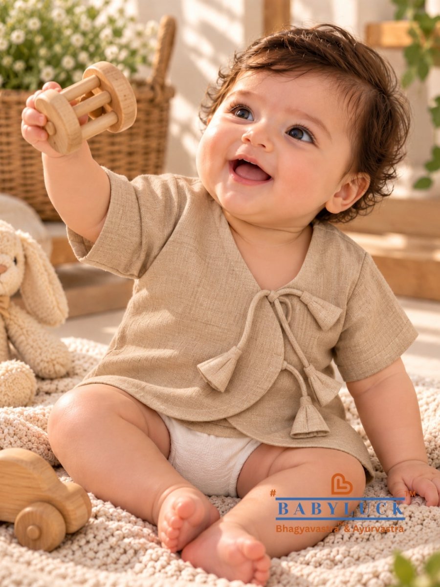 Bhagyavastra™ Chandan (Sandalwood) Dyed, 100% Cotton, Lucky & Herbal Newborn Baby Top (Jhabla) 0–6 Months - Babyluck World - Bhagyavastra & Ayurvastra