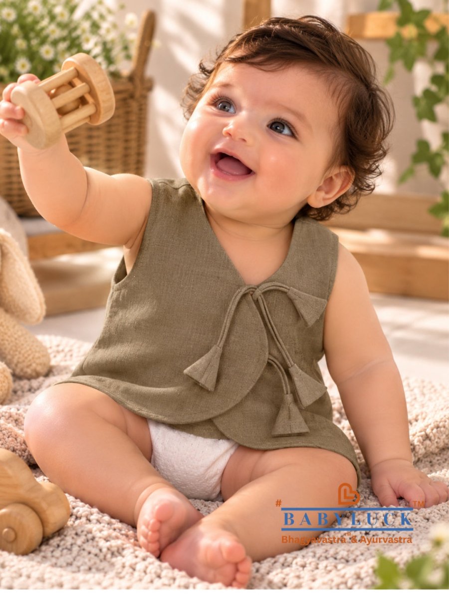 Bhagyavastra™ Chandan (Sandalwood) Dyed, 100% Cotton, Lucky & Herbal Newborn Baby Top (Jhabla) 0–6 Months - Babyluck World - Bhagyavastra & Ayurvastra