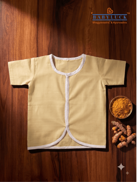 Bhagyavastra™ Haldi (Turmeric) Dyed, 100% Cotton, Lucky & Herbal Newborn Baby Top (Jhabla) 0–6 Months (Copy). Sleeves - Babyluck World LLP
