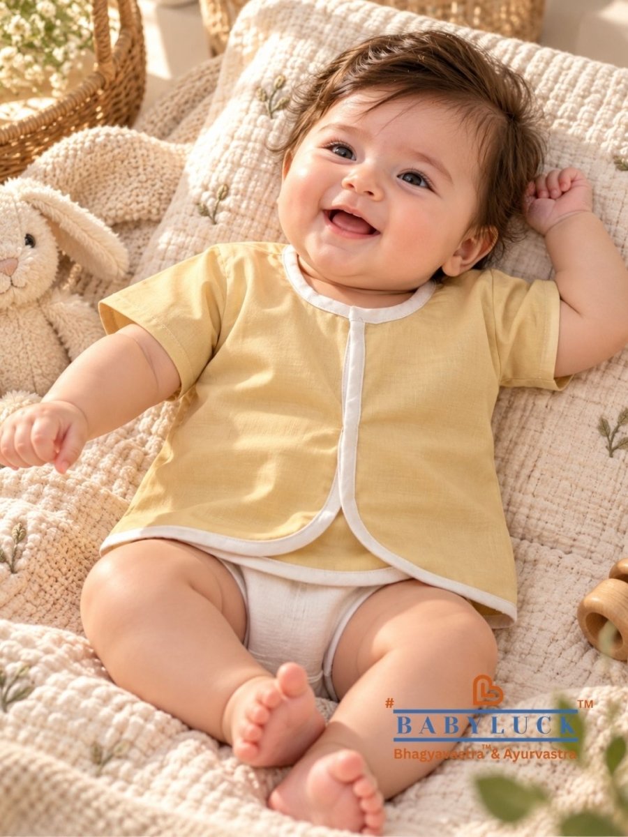 Bhagyavastra™ Haldi (Turmeric) Dyed, 100% Cotton, Lucky & Herbal Newborn Baby Top (Jhabla) 0–6 Months (Copy). Sleeves - Babyluck World - Bhagyavastra & Ayurvastra
