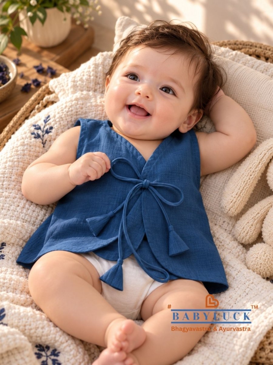 Bhagyavastra™ Indigo Blue, 100% Cotton, Lucky & Herbal Newborn Baby Top (Jhabla) 0–6 Months - Babyluck World - Bhagyavastra & Ayurvastra