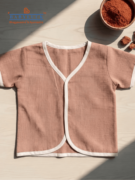 Bhagyavastra™ Manjistha (Maddar) Dyed, 100% Cotton, Lucky & Herbal Newborn Baby Top (Jhabla) 0–6 Months. Sleeves - Babyluck World LLP