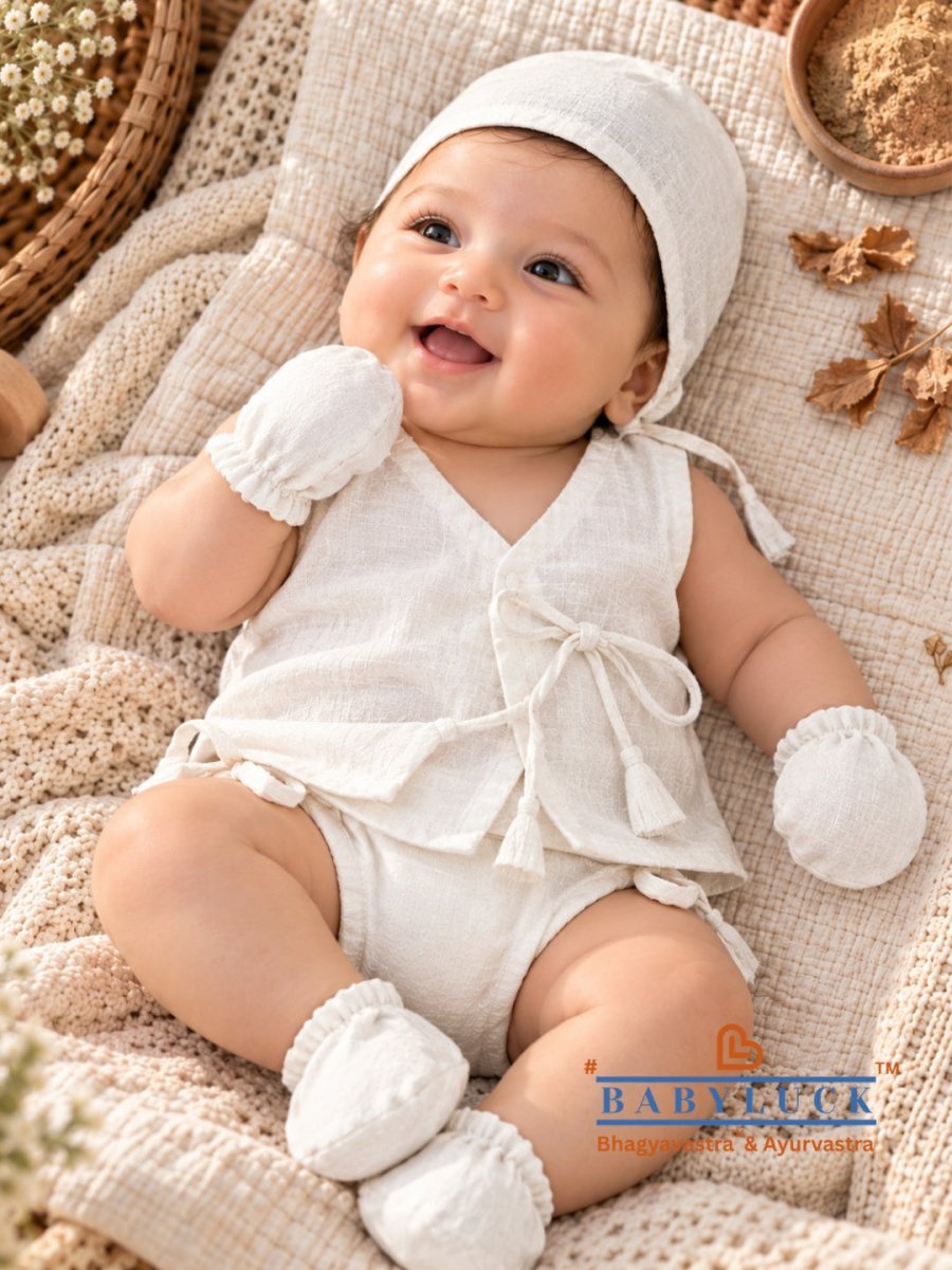Bhagyavastra™ Natural White, 100% Cotton, Lucky & Herbal Newborn Baby Set of 6 (0–6) Months) - Babyluck World - Bhagyavastra & Ayurvastra