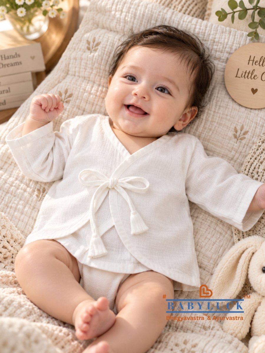 Bhagyavastra™ Natural White, 100% Cotton, Lucky & Herbal Newborn Baby Top (Jhabla) 0–6 Months. Sleeves - Babyluck World - Bhagyavastra & Ayurvastra