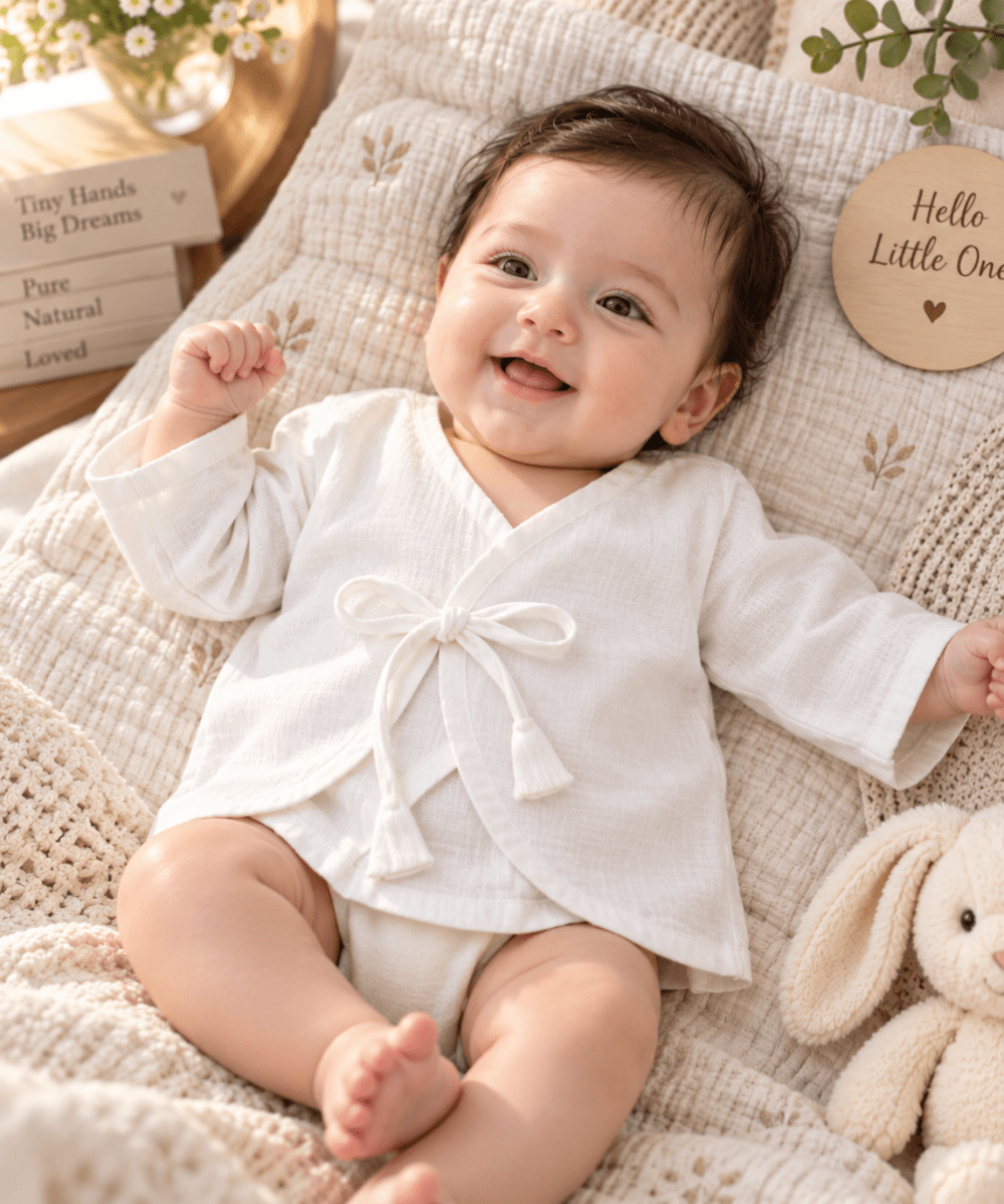 Bhagyavastra™ Natural White, 100% Cotton, Lucky & Herbal Newborn Baby Top (Jhabla) 0–6 Months. Sleeves - Babyluck World LLP