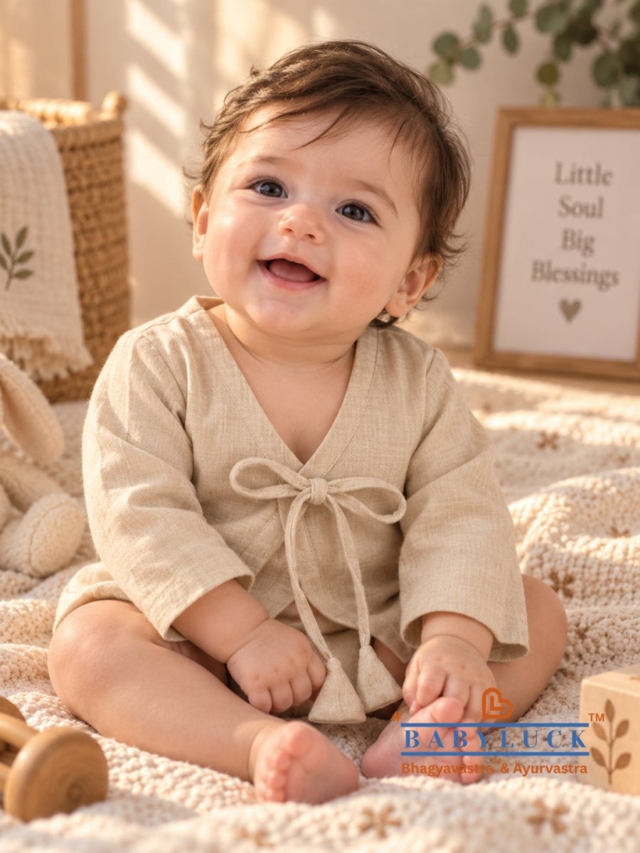 Bhagyavastra™ Neem Dyed (Off-White & Cream), 100% Cotton, Lucky & Herbal Newborn Baby Top (Jhabla) 0–6 Months. Sleeves - Babyluck World - Bhagyavastra & Ayurvastra