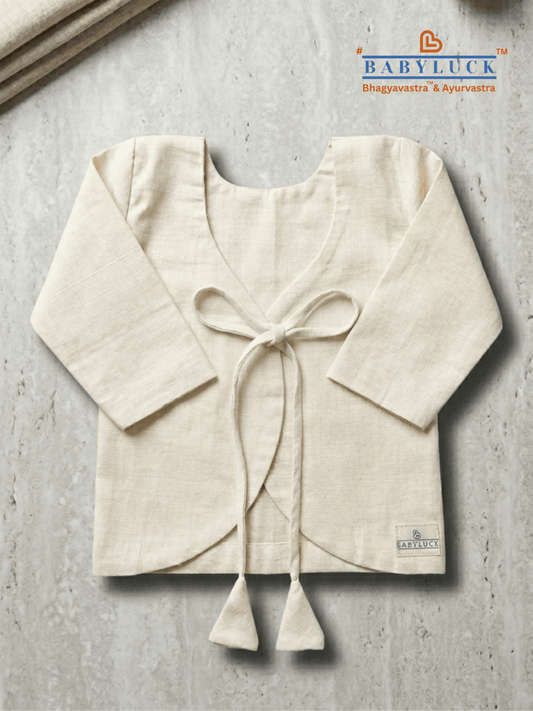 Bhagyavastra™ Neem Dyed (Off-White & Cream), 100% Cotton, Lucky & Herbal Newborn Baby Top (Jhabla) 0–6 Months. Sleeves - Babyluck World LLP