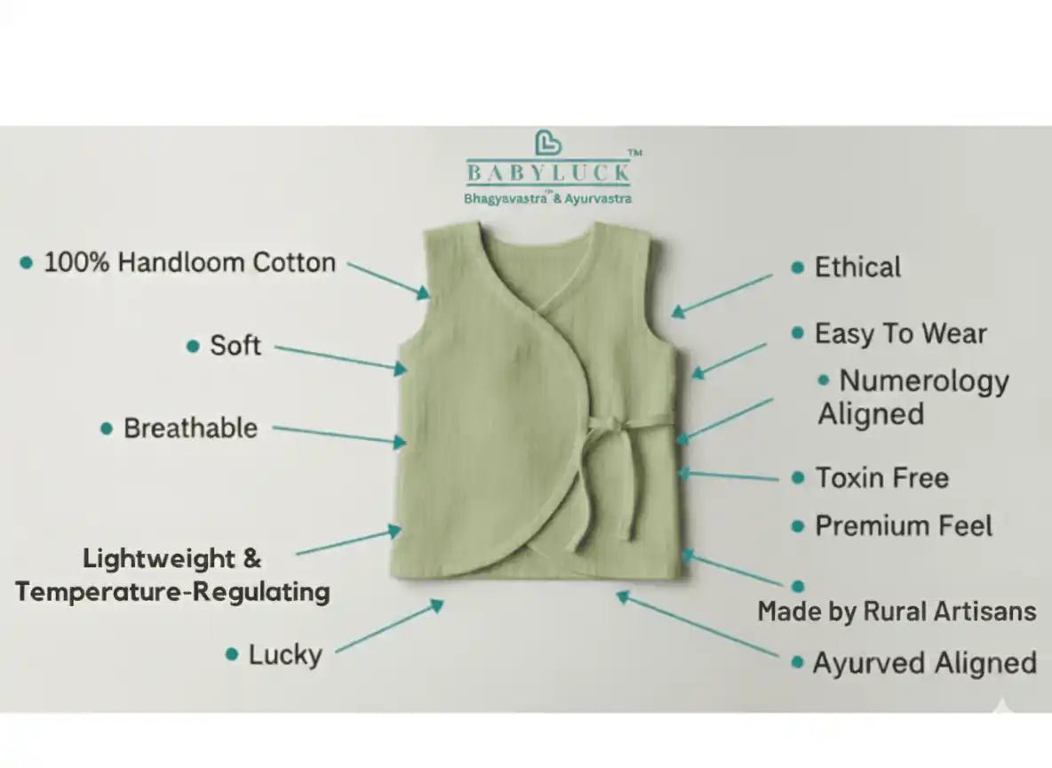 Bhagyavastra™ Tulsi (Basil) Dyed, 100% Cotton, Lucky & Herbal Newborn Baby Top (Jhabla) 0–3 Months - Babyluck World LLP