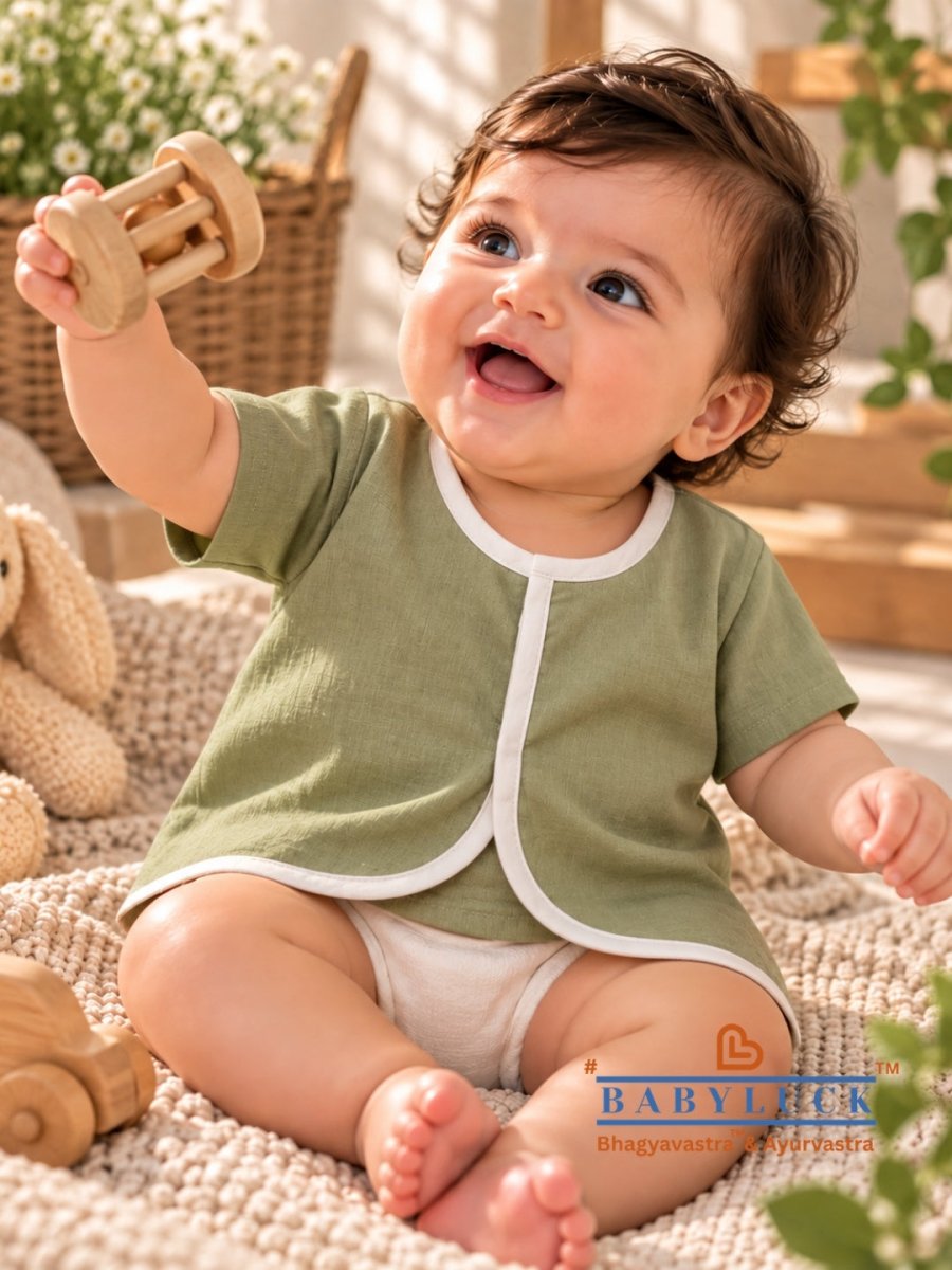Bhagyavastra™ Tulsi (Basil) Dyed, 100% Cotton, Lucky & Herbal Newborn Baby Top (Jhabla) 0–6 Months. Sleeves - Babyluck World - Bhagyavastra & Ayurvastra