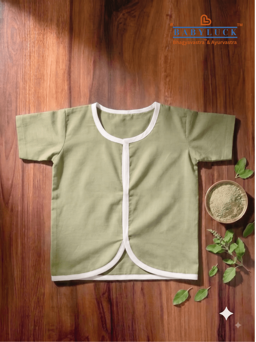 Bhagyavastra™ Tulsi (Basil) Dyed, 100% Cotton, Lucky & Herbal Newborn Baby Top (Jhabla) 0–6 Months. Sleeves - Babyluck World LLP